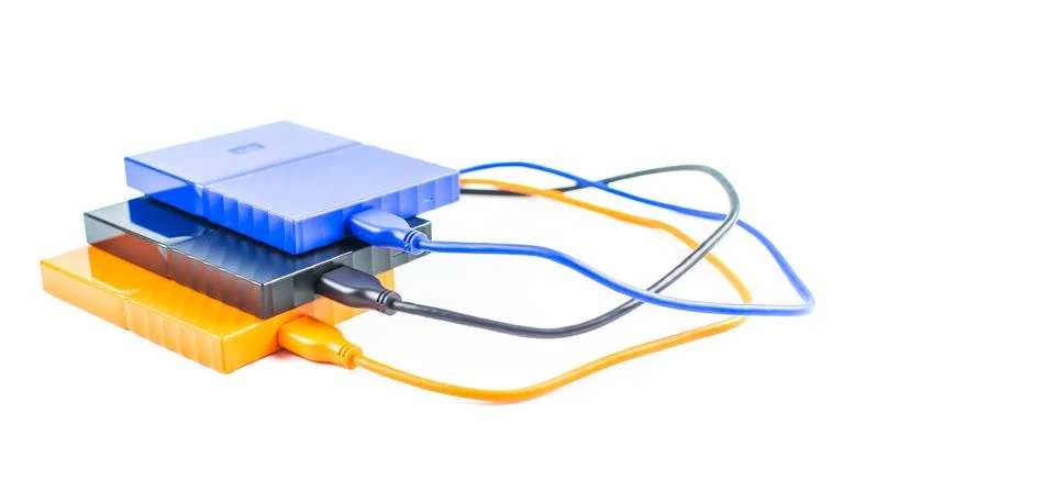 Close up of external hard disk drive for connect to laptop. HDD Stock Photos