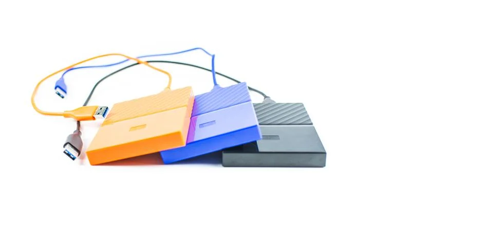 Close up of external hard disk drive for connect to laptop. HDD Stock Photos