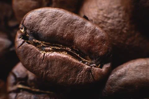 Close up extreme macro group of roasted brown or black coffee beans background Stock Photos