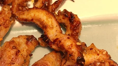 Close-up Extreme Macro Shot of Spiced Grilled Octopus Tentacles Vidéo 344853236