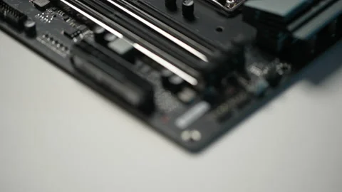 Close-up extreme selective focus of new motherboard, CPU installation slot Stock Footage 234323887