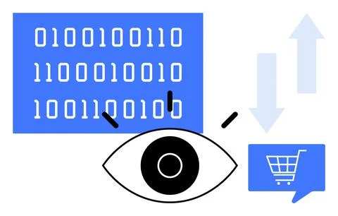 Close-up of an eye, binary code, upward and downward arrows, and a shopping c Stock Illustration