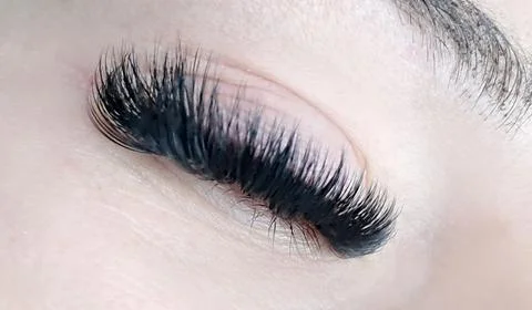 Close up of eye with eyelash extensions ,Russian volume Stock Photos