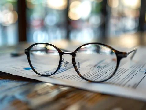 Close-up of eyeglasses resting on a document with a blurred background, symbo Foto stock