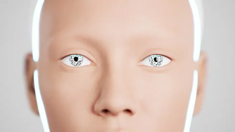 Close up eyes of humanoid robot. technologies in the futuristic. 3d animation Stock Footage 256167824