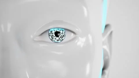 Close up eyes of humanoid robot. technologies in the futuristic. 3d animation Stock Footage 256170041
