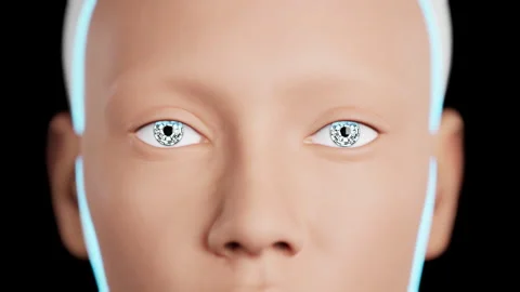 Close up eyes of humanoid robot. technologies in the futuristic. 3d animation Stock Footage 256983892