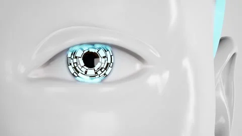 Close up eyes of humanoid robot. technologies in the futuristic. 3d animation Stock Footage 256991279