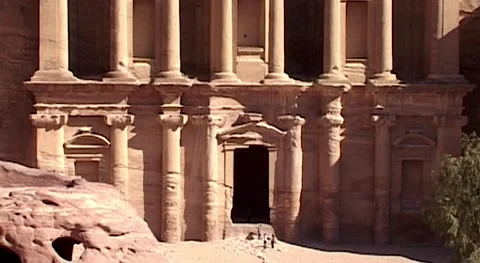 Close-up of facade Temple Ad-Deir against blue spring sky. Jordan, Stock Footage 156243414