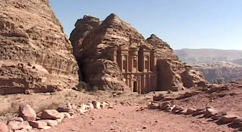 Close-up of facade Temple Ad-Deir against blue spring sky. Jordan, Stock Footage 156243420
