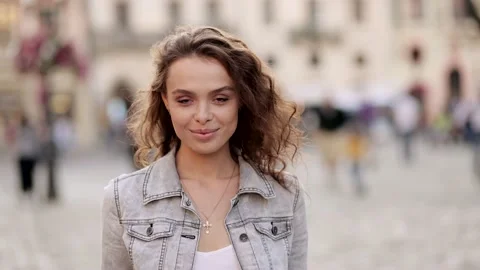 Close up face of beautiful sexy smiling woman with curly hair. Portrait of Stock Footage 140656063