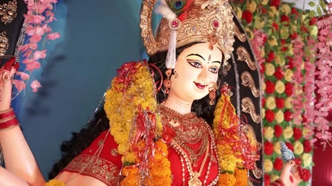 Close up face of a clay idol of Goddess Devi Durga Stock Footage 220300185