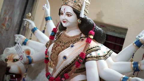 Close up face of a clay idol of Goddess Devi Durga Stock Footage 220305557