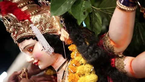 Close up face of a clay idol of Goddess Devi Durga Stock Footage 220306750