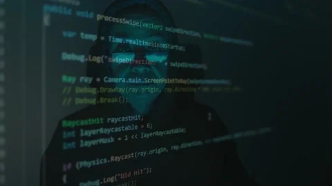 Close-up face of old man wearing glasses, experienced programmer, hooded hack Stock Footage 171947820