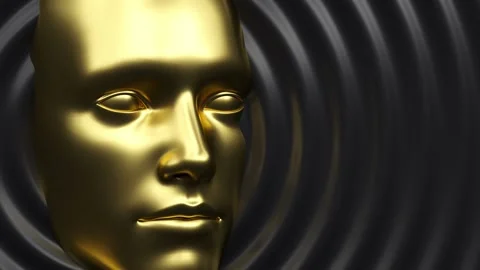 Close up face robot, pretty attractive young person, gold black 3d render Stock Footage 193726917