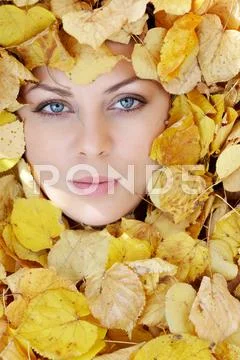 Close-up of face of serious woman in natural foliage Stock Photos