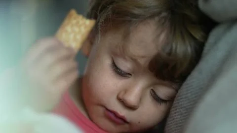 Close-up face of small boy snacking cookie, child eating sweet treat for snac Stock Photos