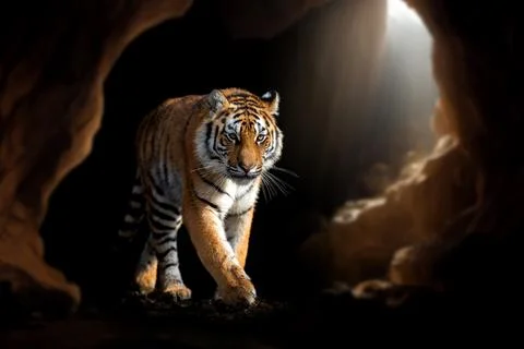 Close up face tiger isolated on black background  in cave with rays Stock-Fotos