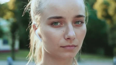 Close up face young beautiful and sporty woman having training portrait look at Stock Footage 137445048