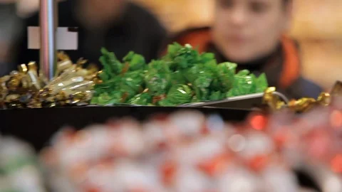 Close up face young boy walking in supermarket Video stock 100596645