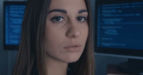 Close up face of Young Woman at binary code background Stock Footage 101629487