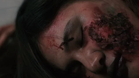 Close up face Zombie characters ghost woman revive on floor horror halloween Stock Footage 138418251