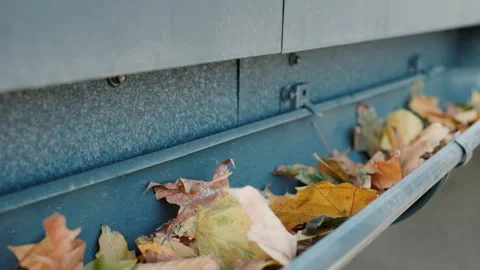 Close up of fallen autumn leaves clogging a metal roof gutter during fall s.. Stock Footage 334835818