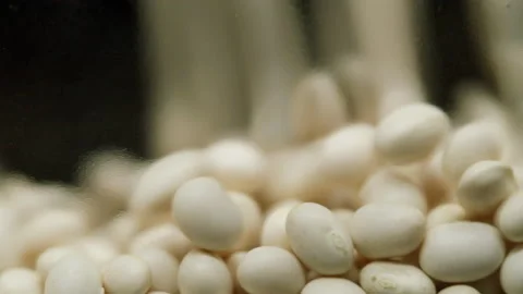 Close-up of falling down white beans into glass jar on black background Stock Footage 155340920