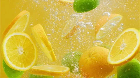 Close-up of falling ripe limes and oranges into sparkling water on yellow Stock Footage 158678967