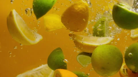 Close-up of falling sliced limes, oranges and lemons into the water on orange Stock Footage 154972172