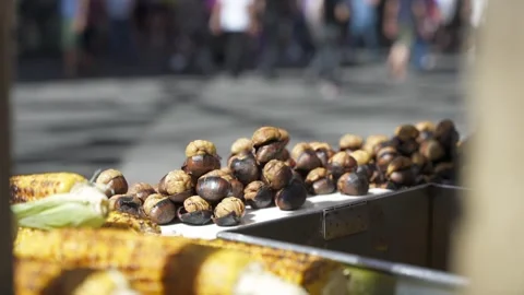 Close up of famous turkey roasted chestnut In the cart. Popular street food in Stock Footage 248758904