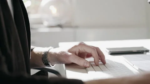 Close up fancy designer well dressed office worker typing keyboard hand Stock Footage 155156677