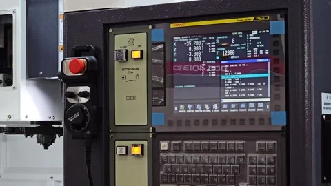 Close-up of Fanuc CNC Machine Control Panel displaying coordinates Stock Footage 337291298