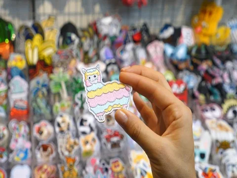 Close Up Of Fashion Lama Patch In Hand At Market Video stock 83224203