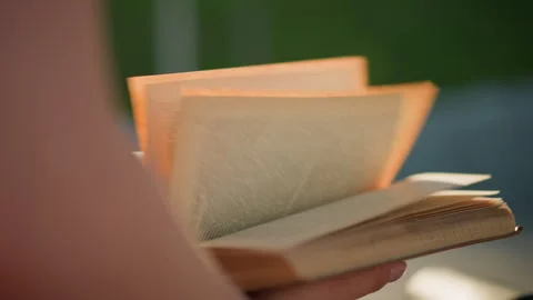 Close-Up of Fast-Flipping Book Pages Held by Individual with Blurred Greenery 스톡 동영상 288958296
