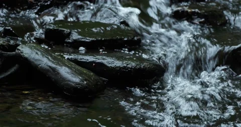 Close up of fast moving water beside rocks of an creek river Stock Footage 130930598