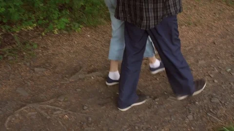 Close-up of feet of elderly people walking in park Stockbeeldmateriaal 79295936