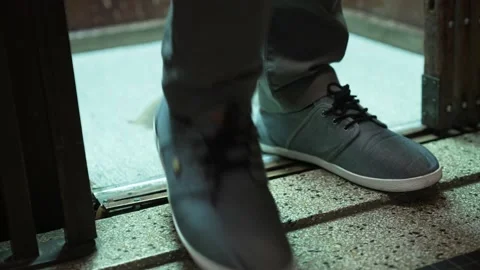 Close feet in the old fashioned elevator arriving at the floor of the Stock Footage 160091230