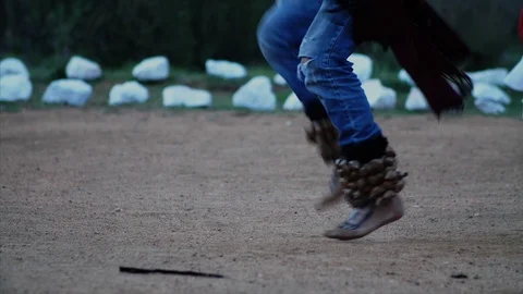 Close up, feet stomping, native americans dance in ceremony. Stock Footage 90398737