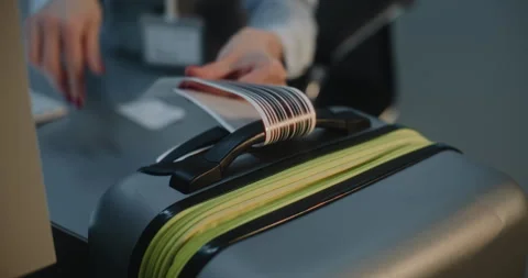 Close Up of Female Airline Worker Putting Luggage Tag Sticker on Suitcase Stock Footage 307444658