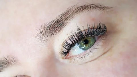 Close up of female eye with eyelash extensions ,eyelash extension procedure Stock Footage 329742788