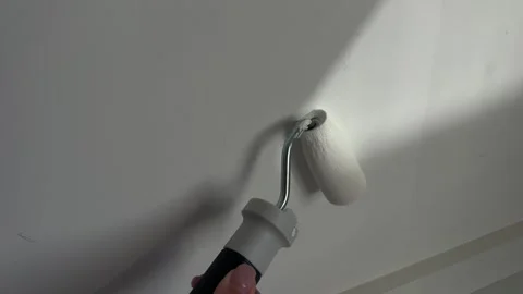 Close up of female hand using paint roller to apply white paint on smooth interi Stock Footage 335792612