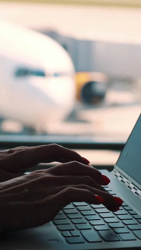 Close-up, female hands are typing on a laptop against panoramic window Stock Footage 321013511