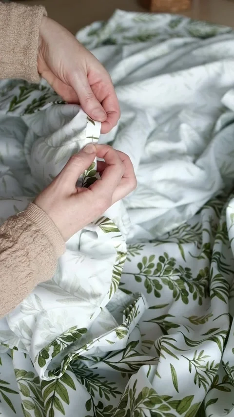 Close up of female hands carefully assembles cotton fabric with needle pins. Stock Footage 316920547