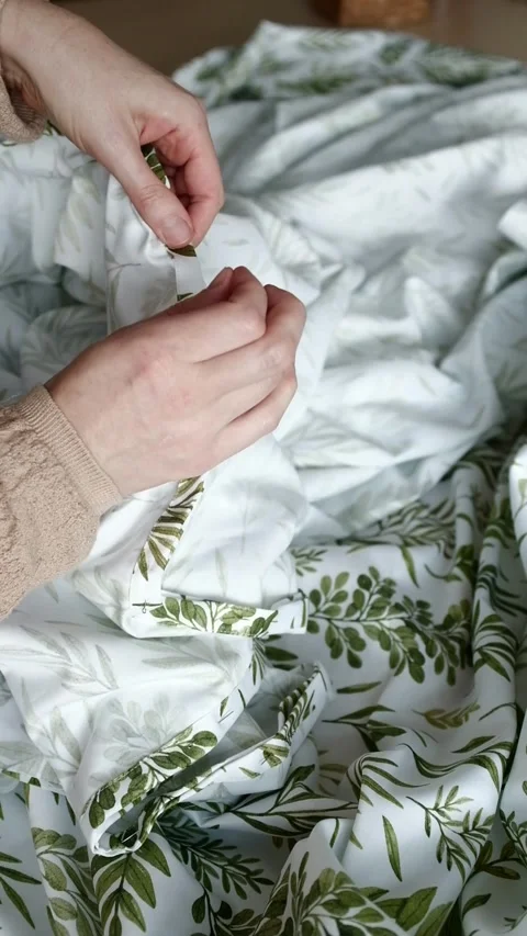 Close up of female hands carefully assembles cotton fabric with needle pins. Stock Footage 316920549
