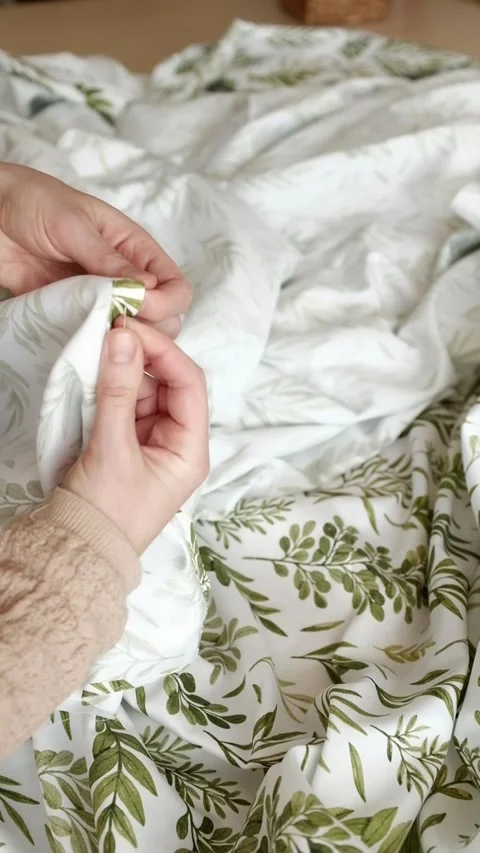 Close up of female hands carefully assembles cotton fabric with needle pins. Stock Footage 316920550