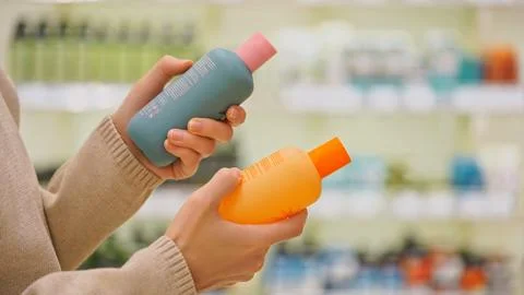 Close-up of female hands comparing two cosmetic bottles in a beauty store. Stock Photos