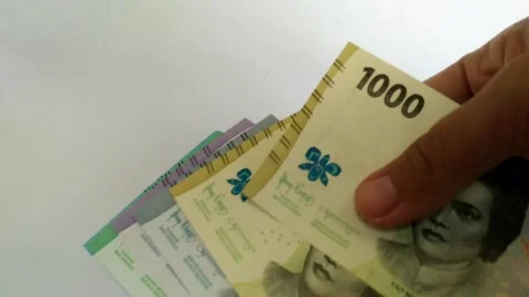 Close-up of female hands counting a stack of Indonesian Rupiah money. Stock Footage 223146489
