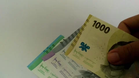 Close-up of female hands counting a stack of Indonesian Rupiah money. Stock Footage 223146499